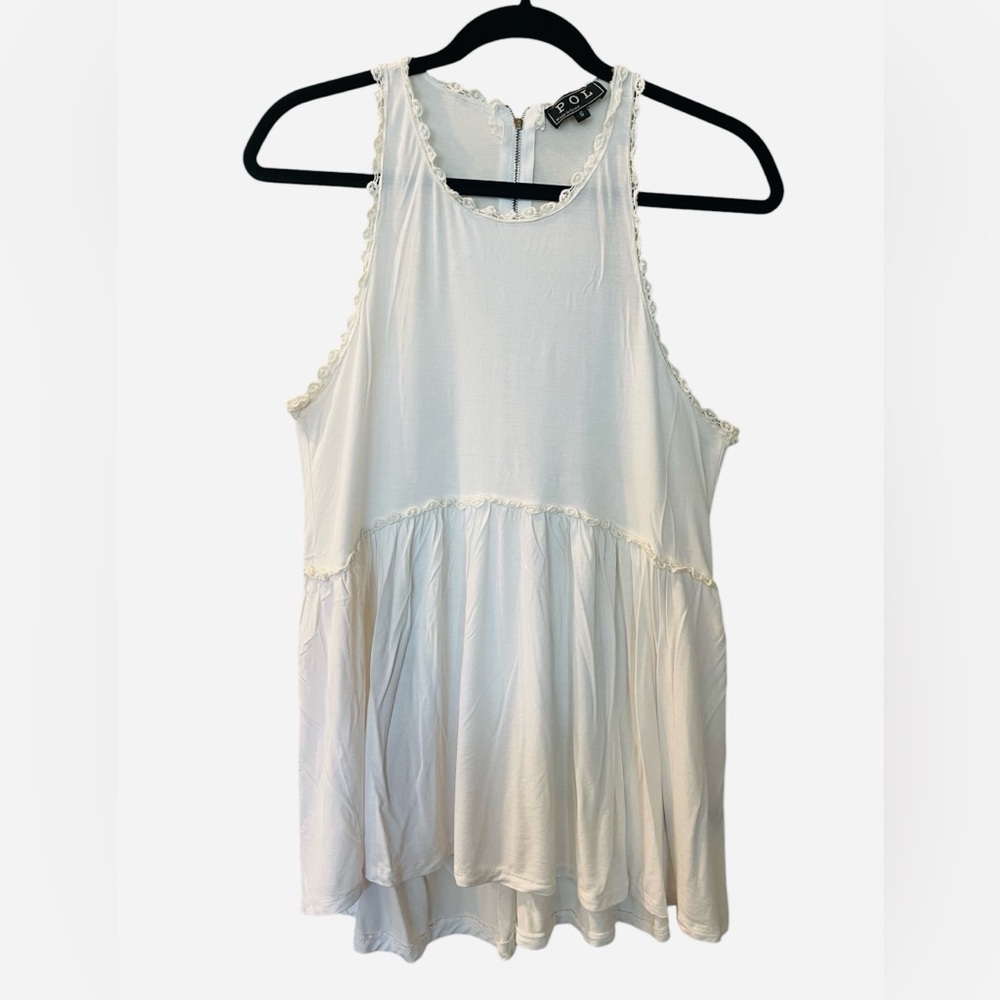POL Tunic Top Women’s Ivory Babydoll Sleeveless Crochet Flowy Shirt Boho Small